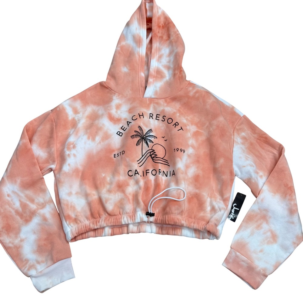Justify California Hoodie Coral Tie Dye Crop Bungee Womens Size L Beachy NWT